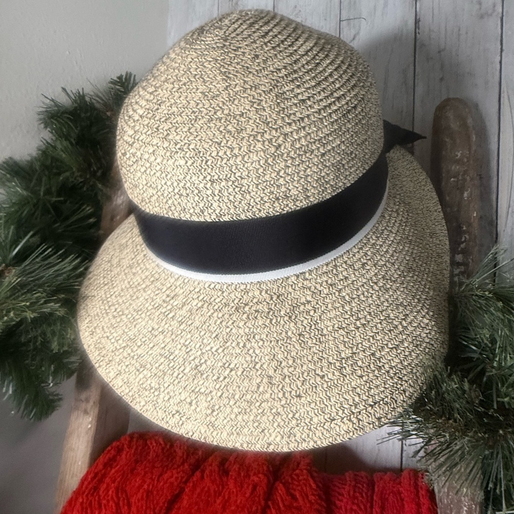 Siggi Straw Sun Hat Black Bow Wide Brim UV Block Beach Packable 7” Diameter